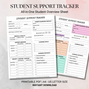 Puede incluir: Dos hojas imprimibles de seguimiento del apoyo estudiantil. Las hojas incluyen secciones para la información del estudiante, detalles médicos y de salud, servicios de apoyo, objetivos de aprendizaje y apoyos al aprendizaje. El texto "Student Support Tracker" está en la parte superior.