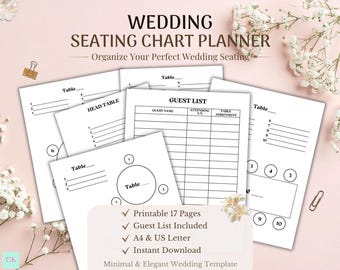 May include: A wedding seating chart planner with multiple white pages. The pages include a guest list, table layouts, and the text "WEDDING SEATING CHART PLANNER". The planner is designed to help organize wedding seating arrangements.