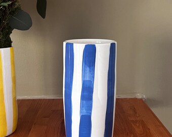 Blue and white striped ceramic vase