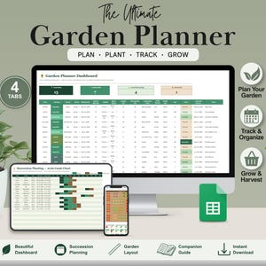 May include: A digital garden planner displayed on a computer monitor, tablet, and smartphone. The screen shows a dashboard with tables, charts, and text including The Ultimate Garden Planner, Plan, Plant, Track, Grow, and Garden Planner Dashboard.