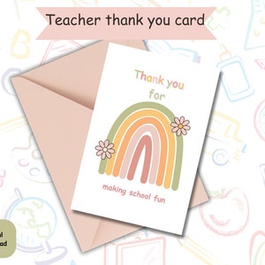 Tarjeta de agradecimiento para maestros, agradecimiento imprimible, regalo, agradecimiento instantáneo digital, diseño de flores arcoíris, regalo escolar