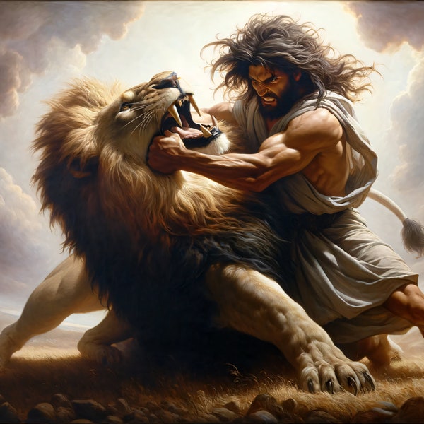 Samson Wrestling with Lion | Samson's Valor | Lion Battle Art | Biblical Strength | Biblical Hero | Samson Fighting Lion