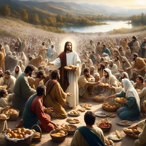 May include: A painting depicting a scene from the Bible, showing Jesus Christ surrounded by a large crowd of people. Jesus is holding a basket of bread and is distributing it to the people. The scene is set in a field with a lake in the background.