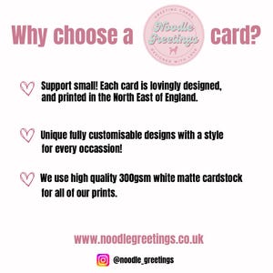 May include: A promotional graphic for Noodle Greetings cards, featuring a white background and pink text. The text highlights the benefits of choosing their cards, including unique designs and high-quality cardstock. The logo is visible.