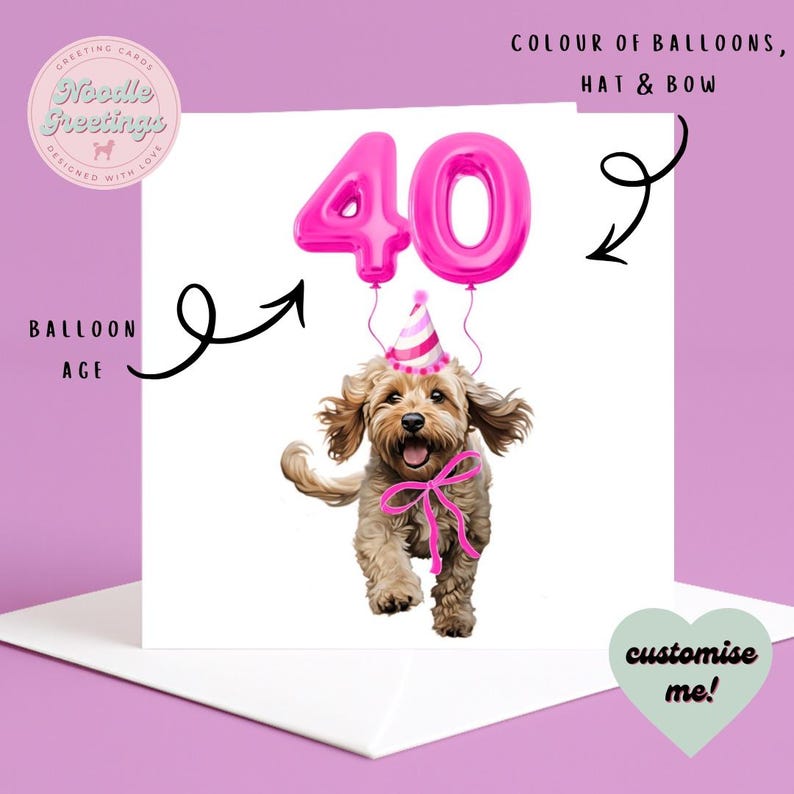 May include: A birthday greeting card with a dog illustration. The dog wears a party hat and bow, with pink balloons forming the number 40. The card includes the text "Noodle Greetings" and "customise me!"