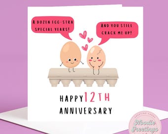 Biglietto d'auguri per il 12° anniversario, gioco di parole con le uova, buon anniversario per marito e moglie (15x15 cm)