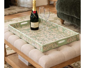 William Morris Golden Lily ottoman green tray. Solid wood extra large handmade wooden decoupaged decorative serving or footstool tray.