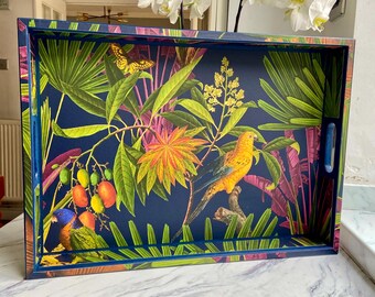 Ottoman Tray with tropical birds & plants. Solid wood extra large oversized handmade wooden decoupaged decorative serving, footstool tray