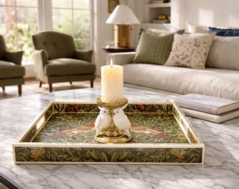 William Morris Webbs Green ottoman tray - solid wood extra large handmade wooden decoupaged decorative serving or footstool tray.
