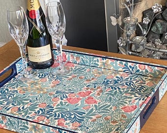 William Morris ottoman tray Bower. Solid Wood, extra large handmade wooden decoupaged decorative serving, footstool or coffee table tray.