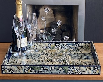 William Morris Wandle Blue Stone ottoman tray - solid wood extra large handmade wooden decoupaged decorative serving or footstool tray.