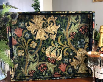 William Morris ottoman tray Golden Lily in blue - solid wood extra large handmade wooden decoupaged decorative serving or footstool tray.