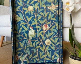 William Morris Bird & Pomegranate ottoman tray - solid wood extra large handmade wooden decoupaged decorative serving or footstool tray.