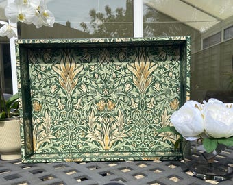 William Morris Snakeshead Forest Green ottoman tray - solid wood extra large handmade wooden decoupaged decorative serving / footstool tray.