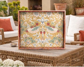 William Morris Strawberry Thief Ottoman tray. Solid wood extra large handmade wooden decoupaged decorative serving, footstool, coffee tray