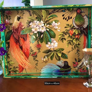 Ottoman Tray with Song Bird - Solid wood extra large oversized handmade wooden decoupaged decorative serving, footstool, coffee table tray.