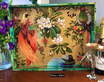 Ottoman Tray with Song Bird - Solid wood extra large oversized handmade wooden decoupaged decorative serving, footstool, coffee table tray.