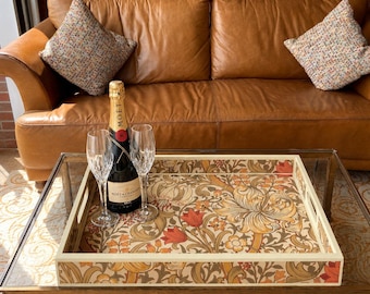 William Morris ottoman tray Golden Lily  - solid wood extra large handmade wooden decoupaged decorative serving or footstool tray.