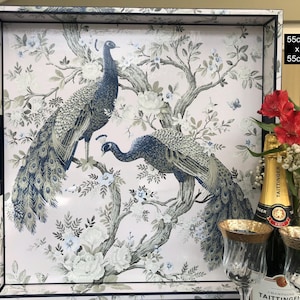 Ottoman tray with blue / green peacocks. Solid wood square extra large handmade wooden decoupaged decorative serving or footstool tray.