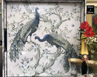 Ottoman tray with blue / green peacocks. Solid wood square extra large handmade wooden decoupaged decorative serving or footstool tray.