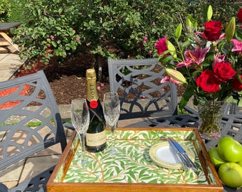William Morris Ottoman tray Willow Boughs leaf Green. Solid wood extra large handmade wooden decoupaged decorative serving or footstool tray