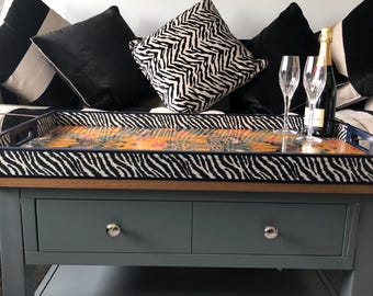 Ottoman Tray with zebras - Solid wood extra large oversized handmade wooden decoupaged decorative serving, footstool, coffee table tray.