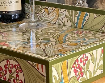 William Morris ottoman tray Golden Lily in green - solid wood extra large handmade wooden decoupaged decorative serving or footstool tray.