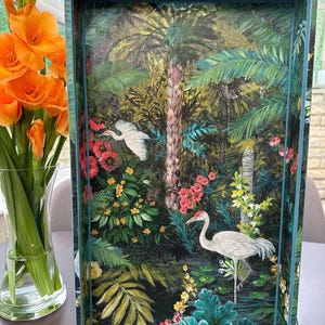 Ottoman tray with tropical birds. Solid wood extra large handmade wooden decoupaged decorative serving, footstool or coffee table tray.