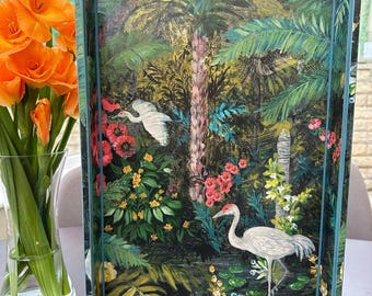 Ottoman tray with tropical birds. Solid wood extra large handmade wooden decoupaged decorative serving, footstool or coffee table tray.