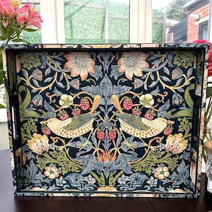 William Morris Ottoman tray Strawberry Thief Blue  - Solid wood extra large handmade wooden decoupaged decorative serving or footstool tray