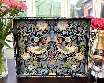 William Morris Ottoman tray Strawberry Thief Blue  - Solid wood extra large handmade wooden decoupaged decorative serving or footstool tray