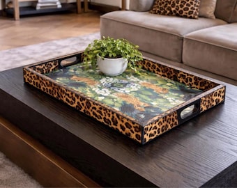 Ottoman Tray with leopards - Solid wood extra large oversized handmade wooden decoupaged decorative serving, footstool, coffee table tray.
