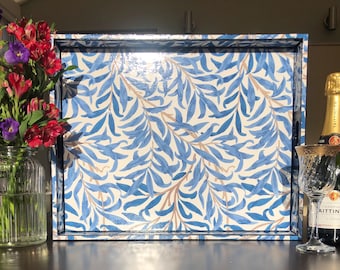 William Morris Ottoman tray Willow Boughs blue. Solid wood extra large handmade wooden decoupaged decorative serving tray or footstool tray