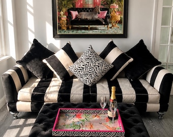 Ottoman tray - zebra & safari animals. Solid wood extra large handmade wooden decoupaged decorative serving, footstool or coffee table tray.