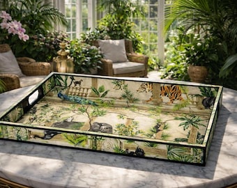 Ottoman tray featuring tropical jungle animals. Solid wood extra large handmade wooden decoupaged decorative serving, footstool, coffee tray