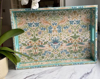 William Morris Strawberry Thief blue ottoman tray - solid wood extra large handmade wooden decoupaged decorative serving or footstool tray