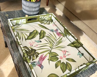 Ottoman tray with hummingbird in green tropical setting. Solid wood extra large handmade wooden decoupaged decorative serving footstool tray