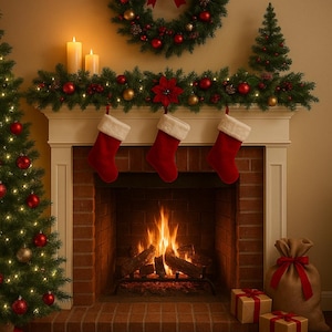 May include: A festive Christmas scene featuring a decorated fireplace with three red stockings, a lit fire, and a garland. A Christmas tree, wreath, and wrapped gifts complete the holiday decor.