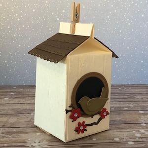 Hand made bird box gift box. Milk carton style favour box with bird and flowers. Ideal for Mother’s Day, birthdays or a thank you gift.