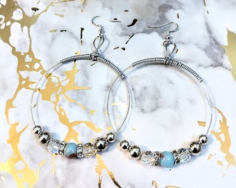 Light Blue & Silver Beaded Hoop Earrings