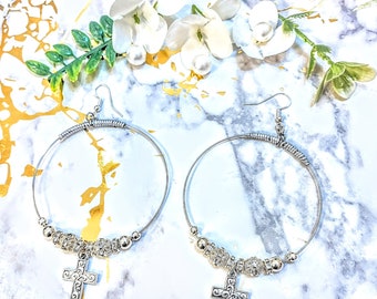 Silver Cross Hoop Earrings