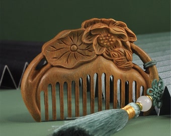 Lotus Flower Natural Wood Comb, Carved Wood Comb, Massage Comb, Hair Comb, Pocket Comb, Health benefits,Gift For her