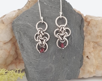 garnet, chainmaille earrings (unique “winging it” weave.