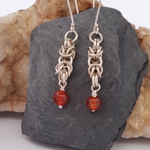 Byzantine weave, chain maille earrings with carnelian drop.