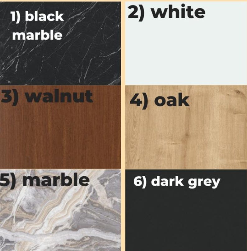 May include: A collage showcasing six different surface textures and colors. The options include black marble, white, walnut, oak, marble, and dark grey. Each sample is labeled with its respective name.