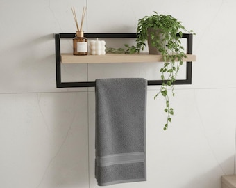 Wall Mounted Metal Towel Rack with Wooden Shelf, Kitchen Bathroom Organizer