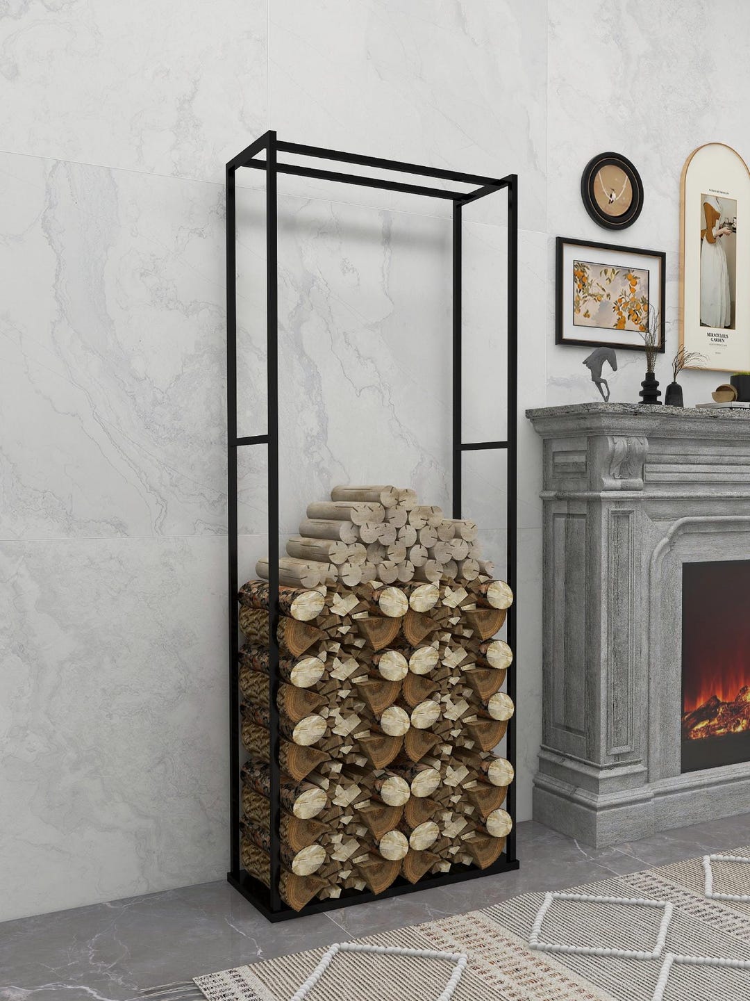 thumbnail image 2 of 25 Inch Firewood Rack With Trapezoid Base - Heavy Duty Metal Firewood Holder Indoor/Outdoor 2 of 5