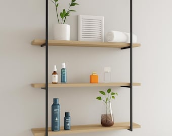 Ceiling-Mounted Floating Shelf | Industrial Metal & Wood Shelf Hanger