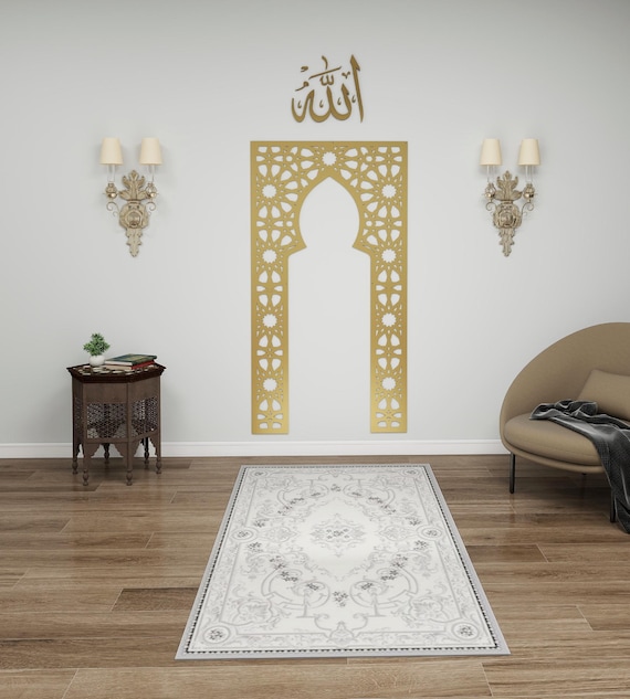 サウジアラビア　石膏彫刻伝統工芸　手彫額　幾何学模様　イスラムミフラーブアート 壁掛け式金属製イスラム教ミフラーブ – 祈り用ニッチ、幾何学模様