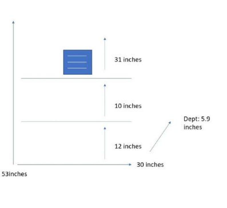 May include: Diagram showing measurements in inches. The total height is 53 inches. The top shelf is 31 inches high, the middle shelf is 10 inches below that, and the bottom shelf is 12 inches below the middle shelf. The depth is 5.9 inches, and the width is 30 inches.